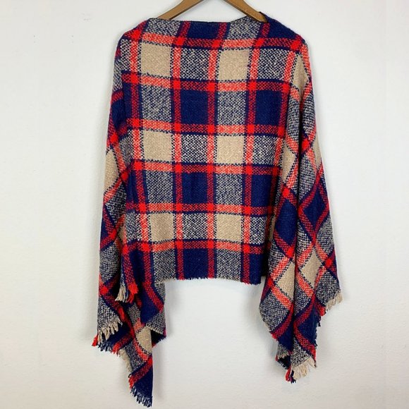 Navy Chic Plaid Fringed Blanket Poncho Sweater - Picture 5 of 8